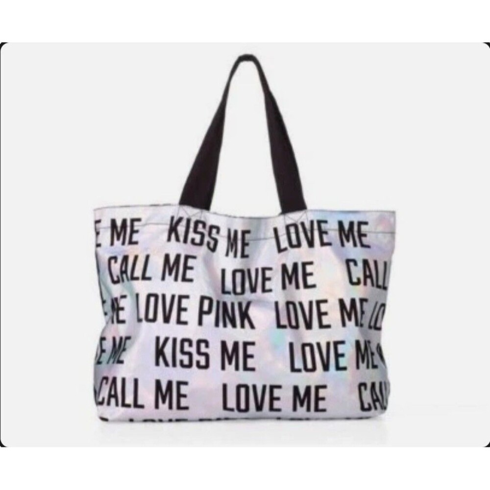 Cool VICTORIA'S SECRET Metallic Silver w/Black Graffiti Large PINK Tote Bag